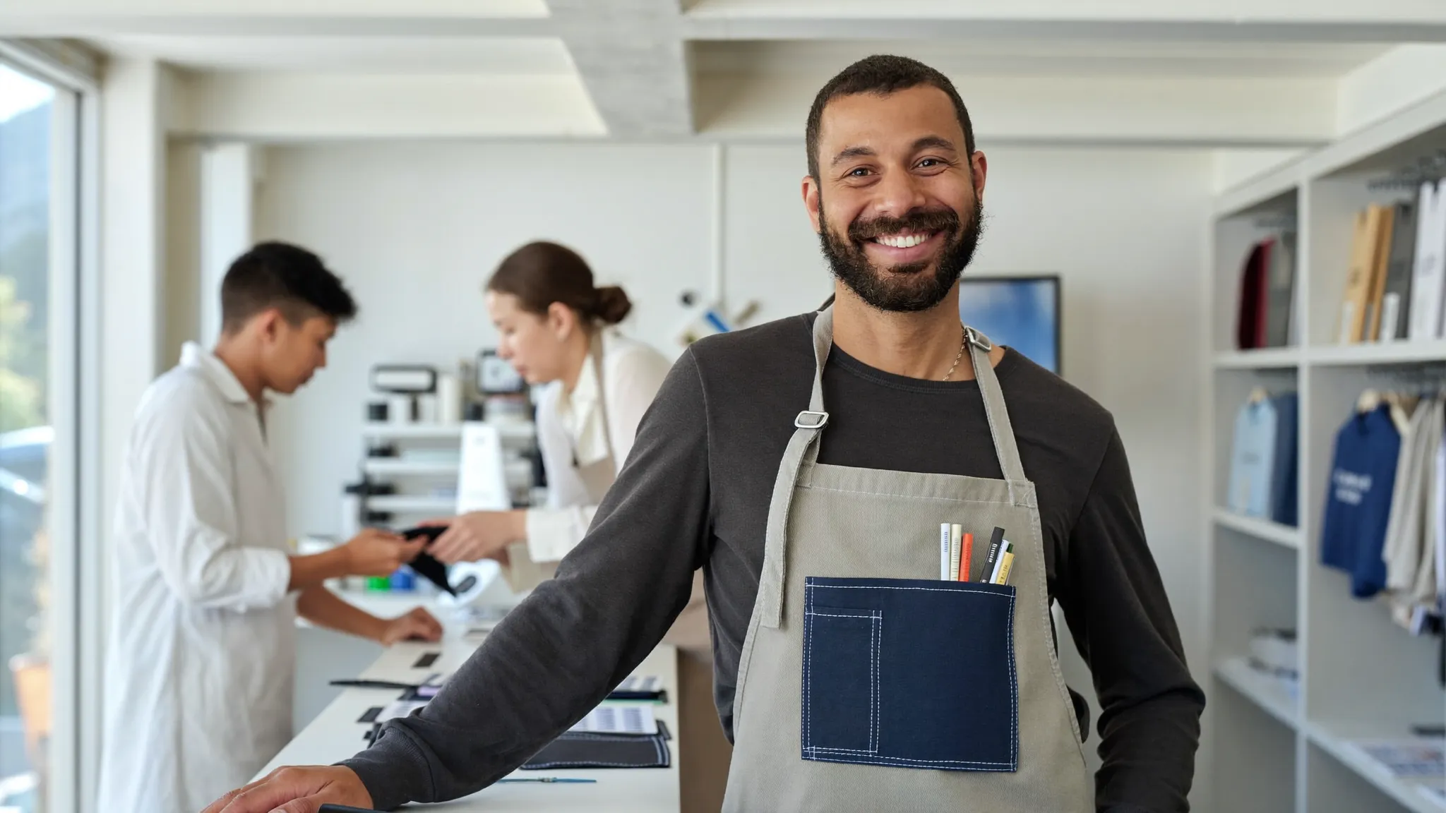 A shop owner at the counter of his business, smiling, while his team helps customers behind him